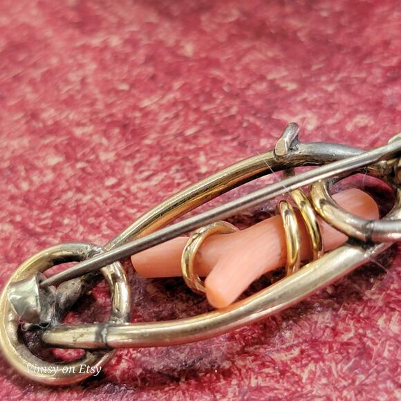 Victorian 14K Gold Love Knot Brooch with Pink Coral -Heirloom - Picture 7 of 10
